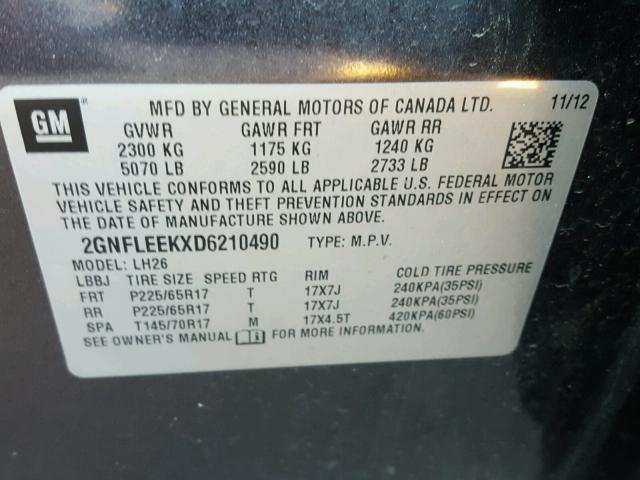 2GNFLEEKXD6210490 - 2013 CHEVROLET EQUINOX LT GRAY photo 10