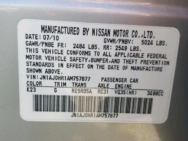 JN1AJ0HR1AM757877 - 2010 INFINITI EX35 BASE SILVER photo 10