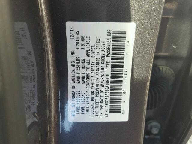 1HGCR2F35GA086816 - 2016 HONDA ACCORD GRAY photo 10