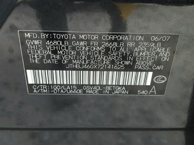 JTHBJ46GX72141625 - 2007 LEXUS ES 350 BLACK photo 10