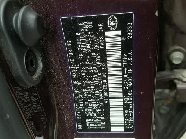 4T1BK1EB8DU001295 - 2013 TOYOTA AVALON BAS BURGUNDY photo 10