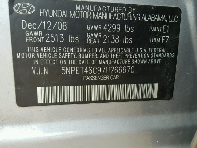 5NPET46C97H266670 - 2007 HYUNDAI SONATA GLS GRAY photo 10