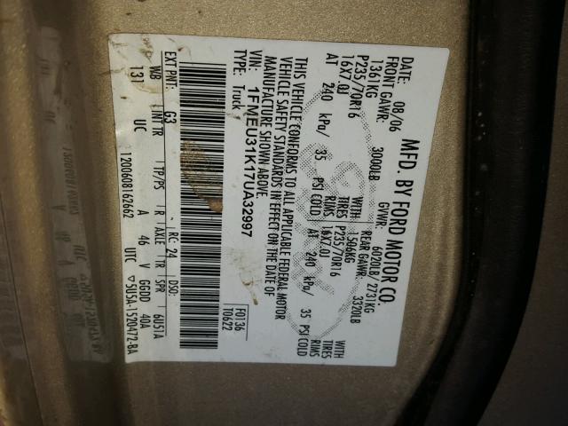 1FMEU31K17UA32997 - 2007 FORD EXPLORER S GOLD photo 10