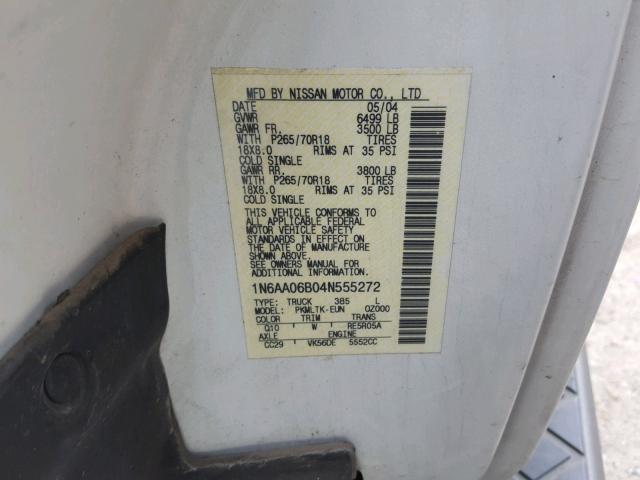 1N6AA06B04N555272 - 2004 NISSAN TITAN XE WHITE photo 10