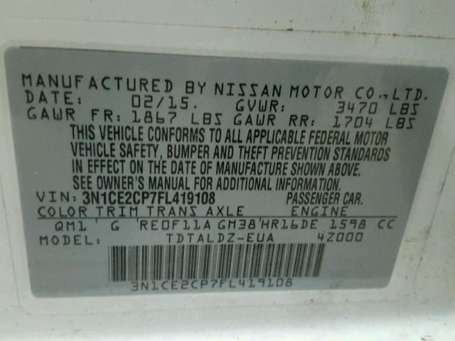 3N1CE2CP7FL419108 - 2015 NISSAN VERSA NOTE WHITE photo 10