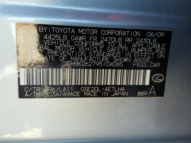 JTHBK262795104085 - 2009 LEXUS IS BLUE photo 10