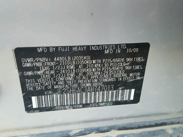 JF2SH6AC3AH747013 - 2010 SUBARU FORESTER 2 SILVER photo 10