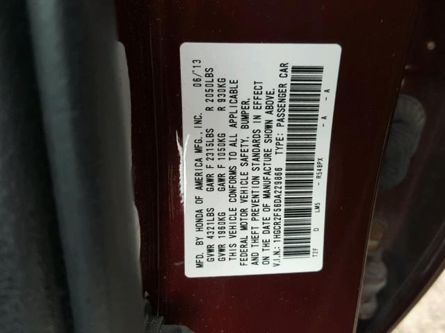 1HGCR2F56DA229866 - 2013 HONDA ACCORD SPO MAROON photo 10