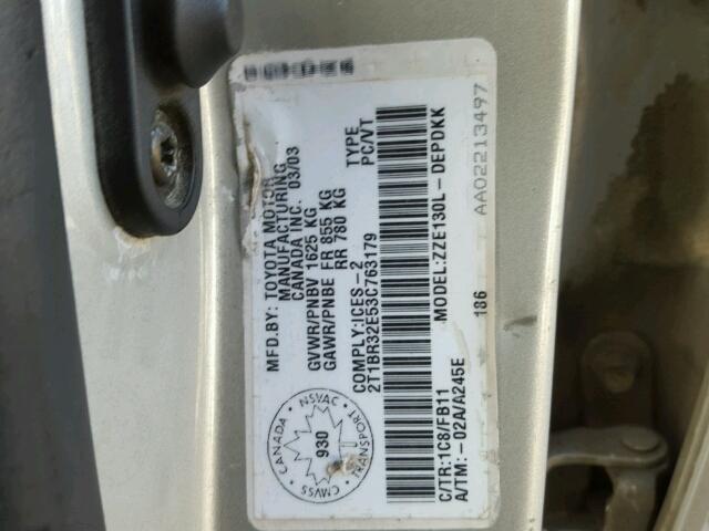 2T1BR32E53C763179 - 2003 TOYOTA COROLLA CE SILVER photo 10