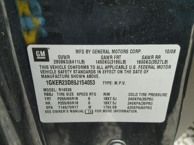 1GKER23D89J154053 - 2009 GMC ACADIA SLT შავი ფოტო 10