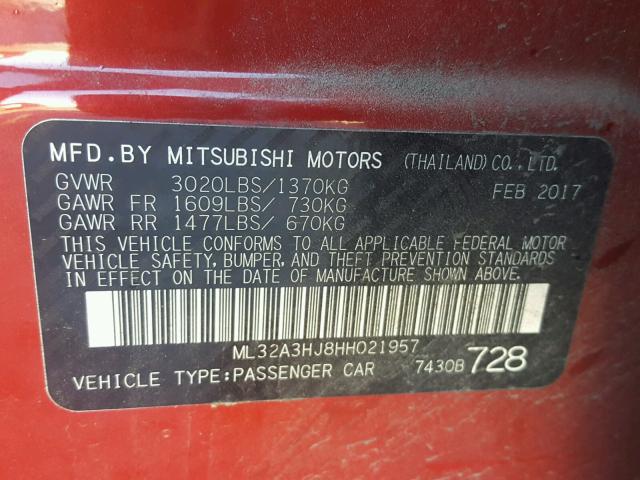 ML32A3HJ8HH021957 - 2017 MITSUBISHI MIRAGE ES RED photo 10