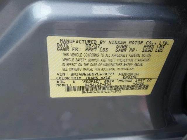 3N1AB61E07L674371 - 2007 NISSAN SENTRA 2.0 GRAY photo 10