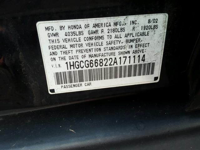 1HGCG66822A171114 - 2002 HONDA ACCORD EX 黑色 照片 10