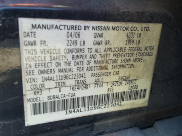 1N4AL11D96C223041 - 2006 NISSAN ALTIMA S BLACK photo 10