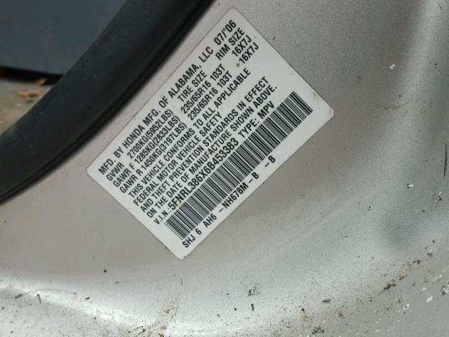 5FNRL386X6B453383 - 2006 HONDA ODYSSEY EX SILVER photo 10