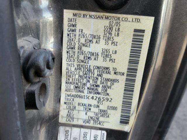 1N6AD06U15C426592 - 2005 NISSAN FRONTIER K GRAY photo 10