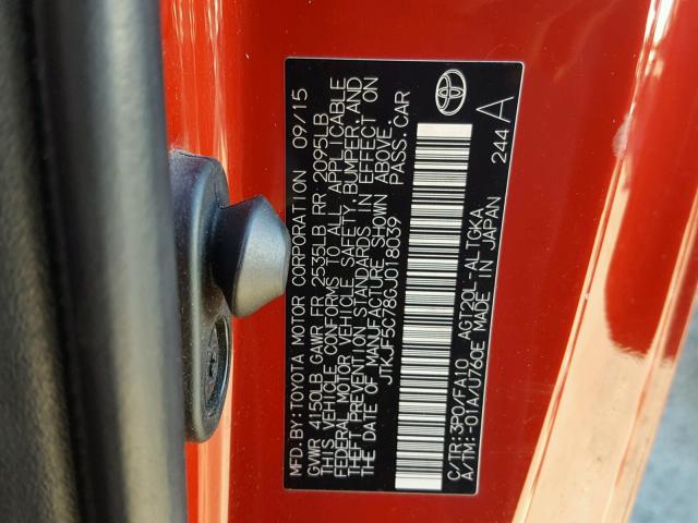 JTKJF5C78GJ018039 - 2016 TOYOTA SCION TC 红色 照片 10