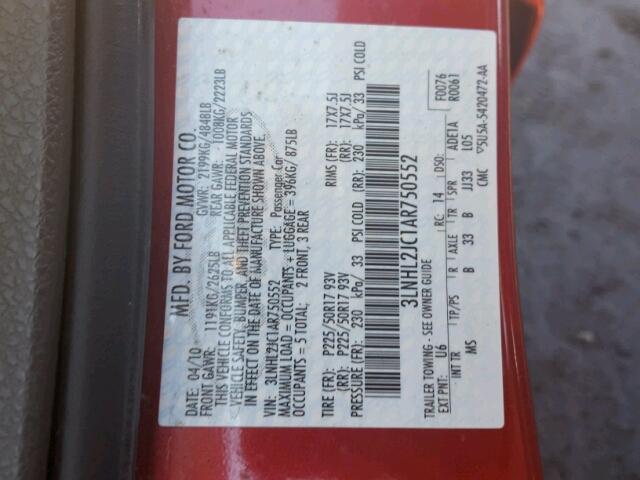 3LNHL2JC1AR750552 - 2010 LINCOLN MKZ RED photo 10