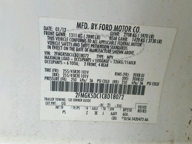 2FMGK5DC1CBD18072 - 2012 FORD FLEX LIMIT WHITE photo 10