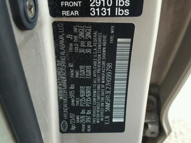 5NMSH13E27H099798 - 2007 HYUNDAI SANTA FE S SILVER photo 10