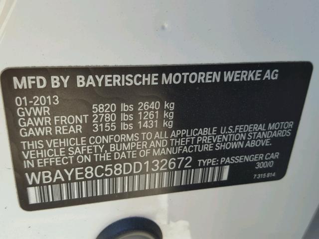 WBAYE8C58DD132672 - 2013 BMW 750LI WHITE photo 10