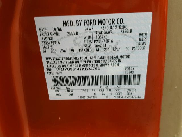 1FMYU93147KB34794 - 2007 FORD ESCAPE XLT ORANGE photo 10