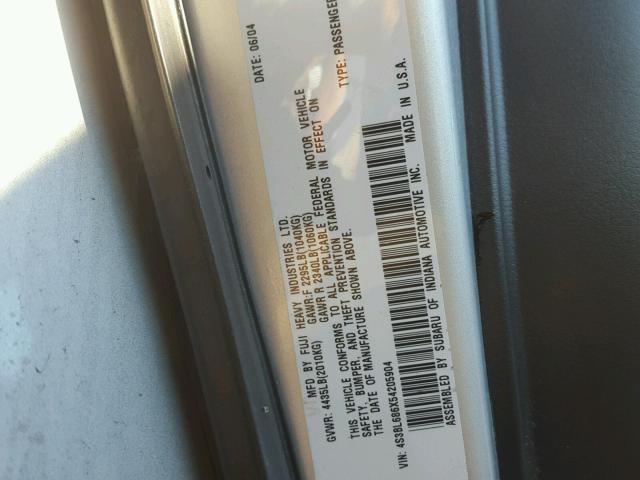 4S3BL686X54205904 - 2005 SUBARU LEGACY SILVER photo 10