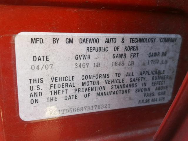 KL1TD56687B178321 - 2007 CHEVROLET AVEO BASE Czerwony zdjęcie 10