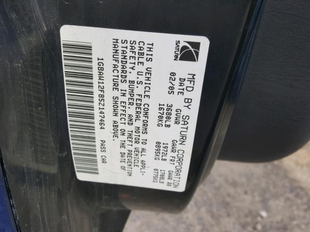1G8AW12F85Z147464 - 2005 SATURN ION LEVEL BLUE photo 10