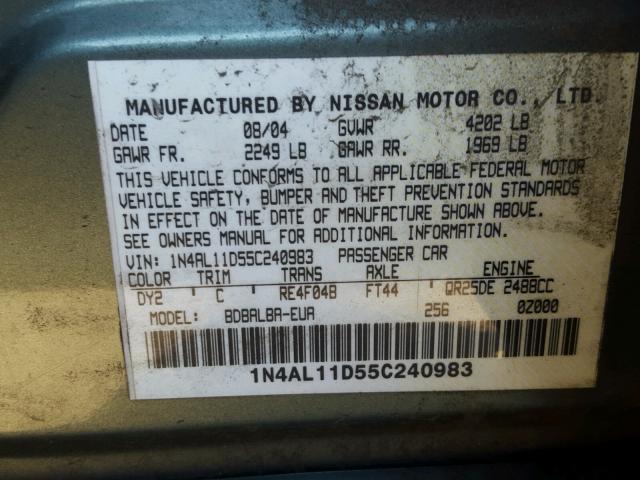 1N4AL11D55C240983 - 2005 NISSAN ALTIMA S GREEN photo 10