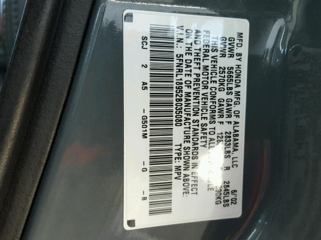 5FNRL18952B035080 - 2002 HONDA ODYSSEY EX GRAY photo 10