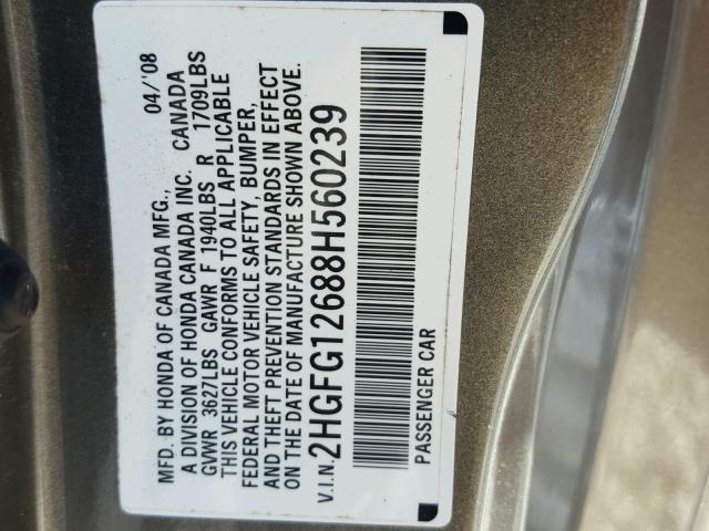 2HGFG12688H560239 - 2008 HONDA CIVIC LX GRAY photo 10