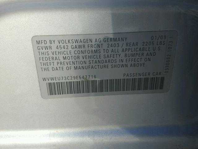 WVWEU73C29E547716 - 2009 VOLKSWAGEN CC SILVER photo 10