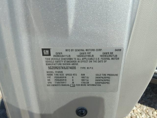 5GZER237X8J274035 - 2008 SATURN OUTLOOK XR ვერცხლისფერი ფოტო 10