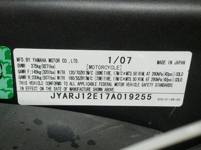 JYARJ12E17A019255 - 2007 YAMAHA YZFR6 L BLACK photo 10