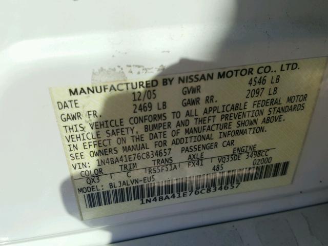 1N4BA41E76C834657 - 2006 NISSAN MAXIMA SE WHITE photo 10