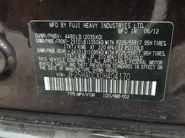 JF2SHADCXDH404170 - 2013 SUBARU FORESTER 2 PURPLE photo 10