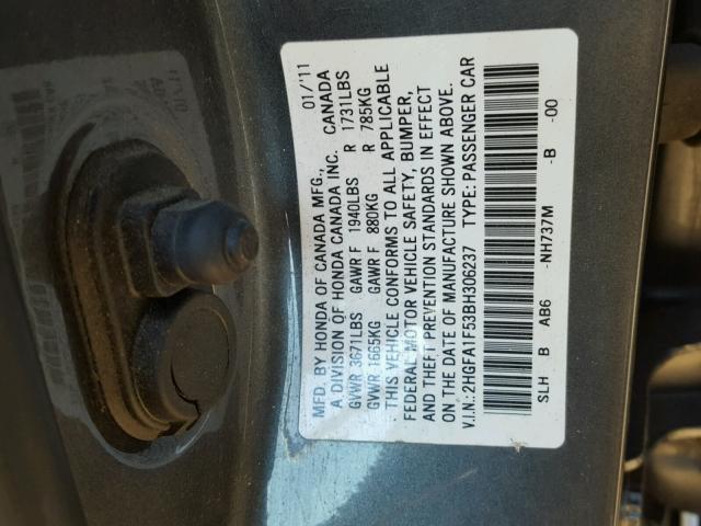 2HGFA1F53BH306237 - 2011 HONDA CIVIC LX GRAY photo 10