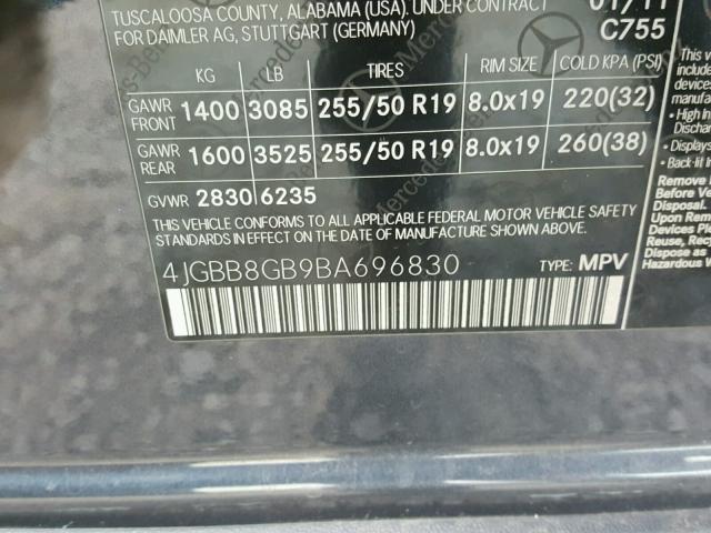 4JGBB8GB9BA696830 - 2011 MERCEDES-BENZ ML 350 4MA GRAY photo 10