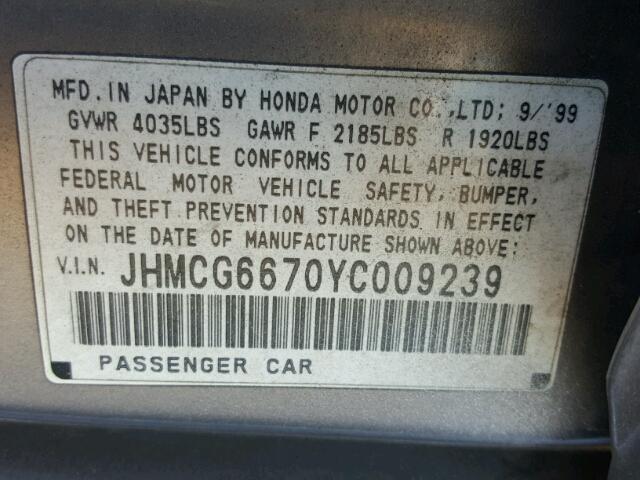 JHMCG6670YC009239 - 2000 HONDA ACCORD EX SILVER photo 10