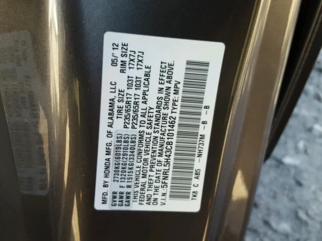 5FNRL5H43CB101462 - 2012 HONDA ODYSSEY EX GRAY photo 10