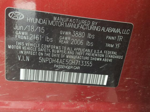 5NPDH4AE5GH713355 - 2016 HYUNDAI ELANTRA SE RED photo 10