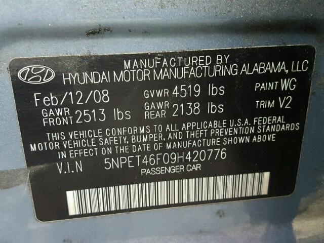 5NPET46F09H420776 - 2009 HYUNDAI SONATA GLS BLUE photo 10