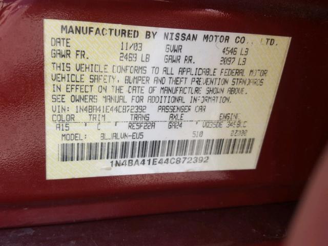 1N4BA41E44C872392 - 2004 NISSAN MAXIMA SE RED photo 10