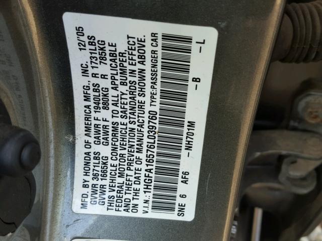 1HGFA16576L039760 - 2006 HONDA CIVIC LX GRAY photo 10