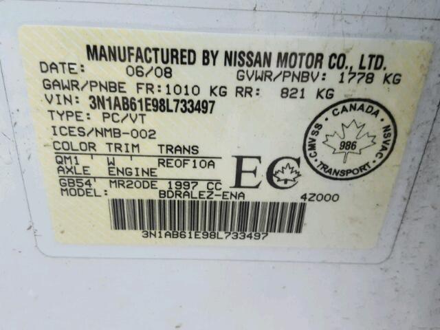 3N1AB61E98L733497 - 2008 NISSAN SENTRA 2.0 WHITE photo 10