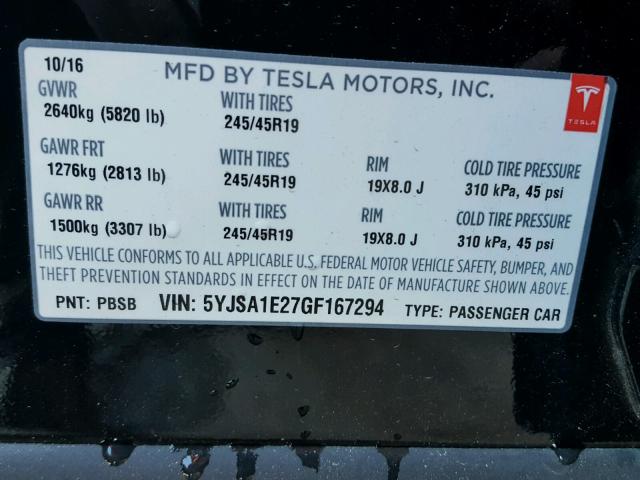5YJSA1E27GF167294 - 2016 TESLA MODEL S BLACK photo 10