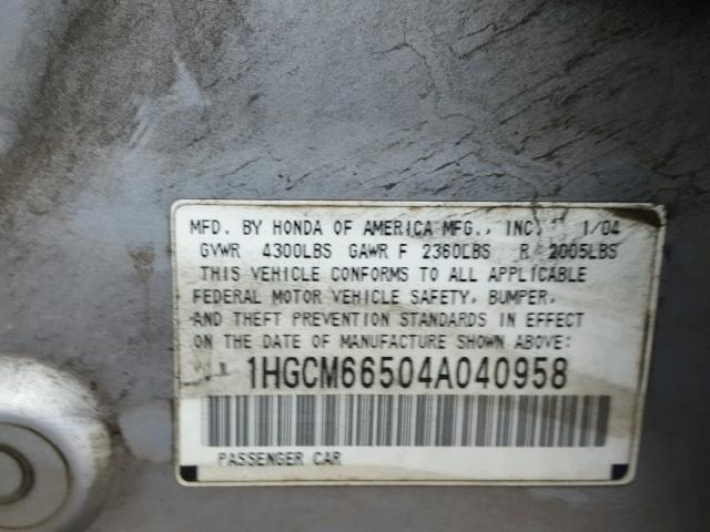 1HGCM66504A040958 - 2004 HONDA ACCORD EX GRAY photo 10