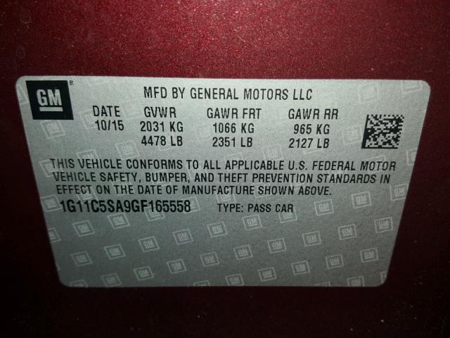 1G11C5SA9GF165558 - 2016 CHEVROLET MALIBU LIM 栗色 照片 10