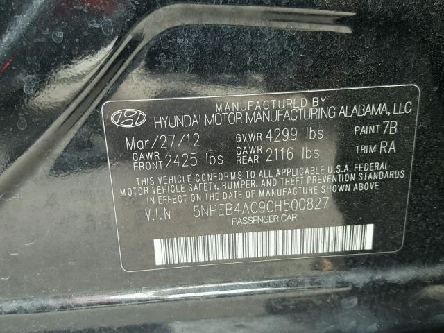 5NPEB4AC9CH500827 - 2012 HYUNDAI SONATA GLS BLACK photo 10